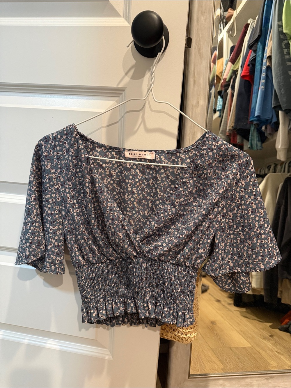 Blue Blush Navy Floral Smocked-Waist Crop Top